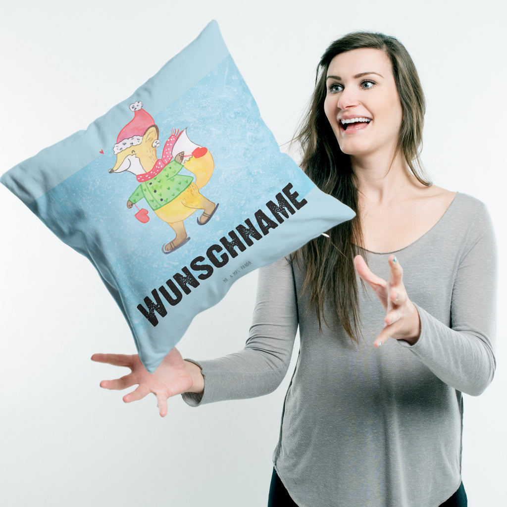 Personalisiertes Kissen Fuchs  Schlittschuhe Kissen, personalisiert, Name, Wunschname, bedrucken, Kopfkissen, Winter, Weihnachten, Weihnachtsdeko, Nikolaus, Advent, Heiligabend, Wintermotiv, Weihnachtsmann, Weihnachtstage, Weihnachtsbaum, Tannenbaum, Weihnachtszeit