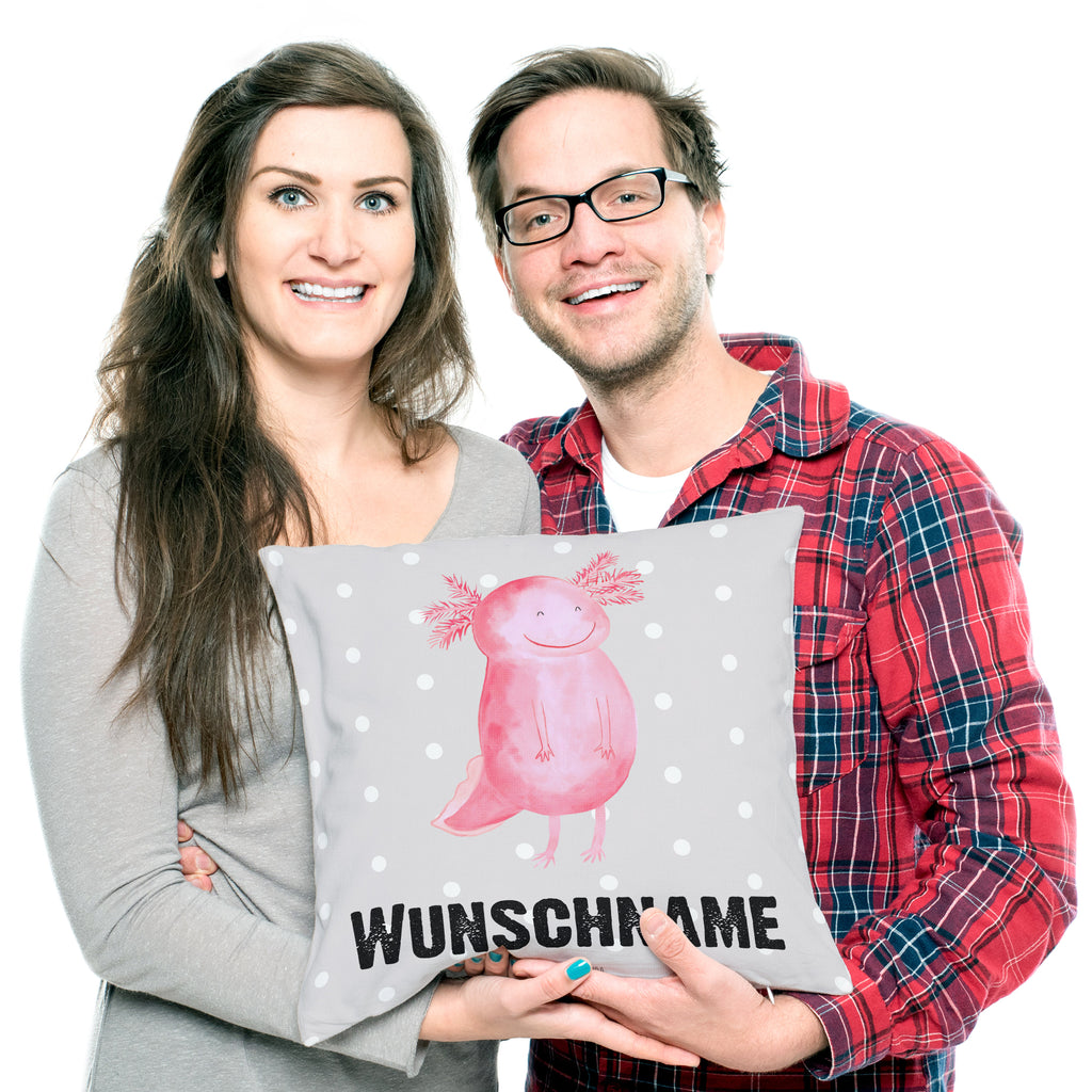Personalisiertes Kissen Axolotl glücklich Kissen, personalisiert, Name, Wunschname, bedrucken, Kopfkissen, Axolotl, Molch, Axolot, Schwanzlurch, Lurch, Lurche, Motivation, gute Laune