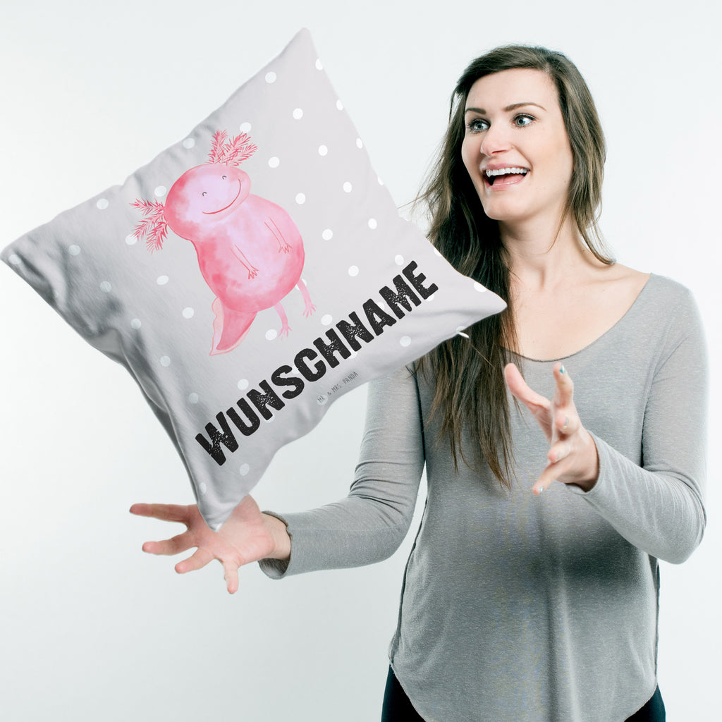 Personalisiertes Kissen Axolotl glücklich Kissen, personalisiert, Name, Wunschname, bedrucken, Kopfkissen, Axolotl, Molch, Axolot, Schwanzlurch, Lurch, Lurche, Motivation, gute Laune