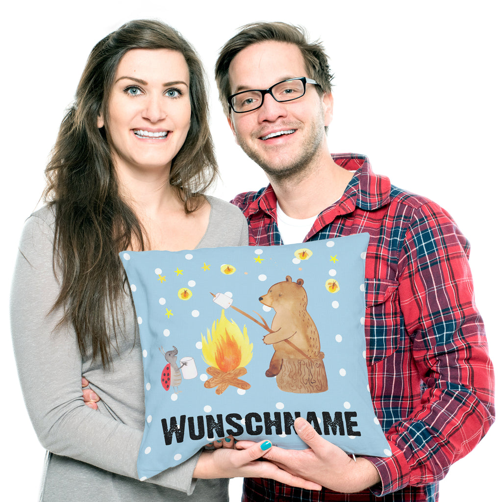 Personalisiertes Kissen Bär & Marienkäfer Lagerfeuer Kissen, personalisiert, Name, Wunschname, bedrucken, Kopfkissen, Bär, Teddy, Teddybär, Lagerfeuer
