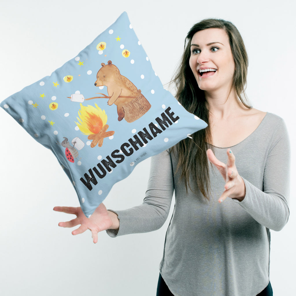 Personalisiertes Kissen Bär & Marienkäfer Lagerfeuer Kissen, personalisiert, Name, Wunschname, bedrucken, Kopfkissen, Bär, Teddy, Teddybär, Lagerfeuer