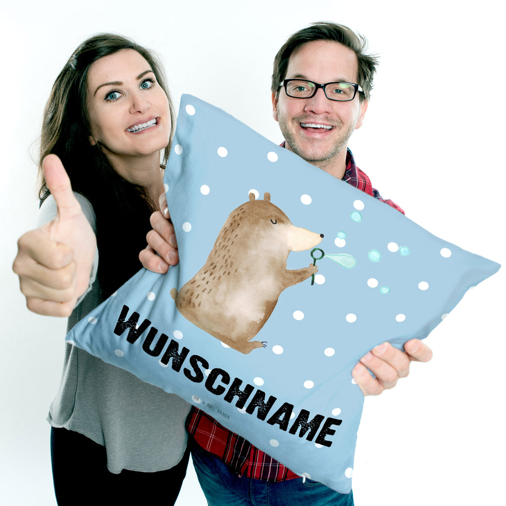 Personalisiertes Kissen Bär Seifenblasen Kissen, personalisiert, Name, Wunschname, bedrucken, Kopfkissen, Bär, Teddy, Teddybär, Seifenblasen Bär Lustig Sein Glücklich Traurig Happy