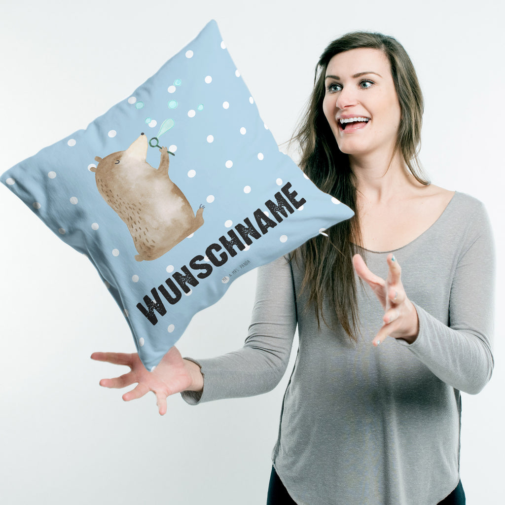 Personalisiertes Kissen Bär Seifenblasen Kissen, personalisiert, Name, Wunschname, bedrucken, Kopfkissen, Bär, Teddy, Teddybär, Seifenblasen Bär Lustig Sein Glücklich Traurig Happy