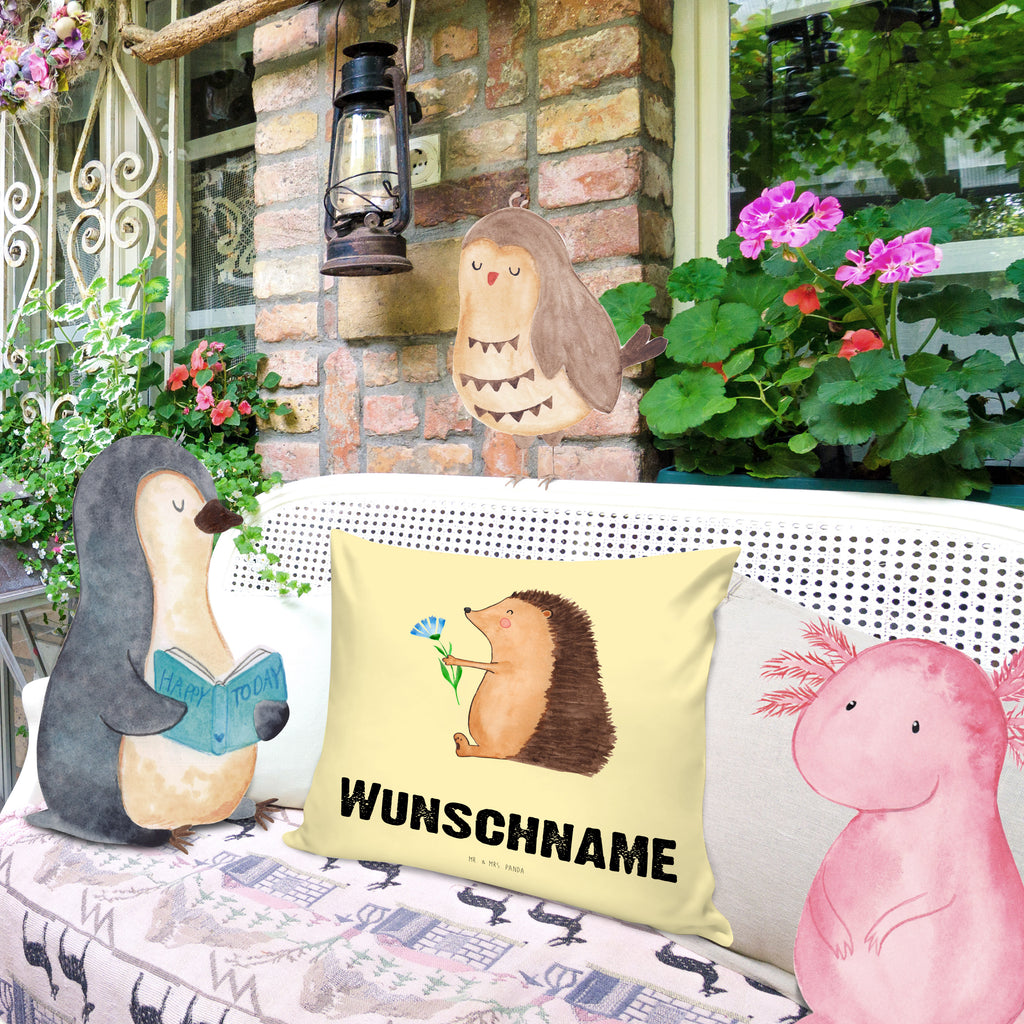 Personalisiertes Kissen Igel mit Blume Kissen, personalisiert, Name, Wunschname, bedrucken, Kopfkissen, süße Tiermotive, gute Laune, lustige Sprüche, Tiere, Igel, Gute Besserung, Genesungswünsche, Krankheit, Krankenhaus, krank, Besuch