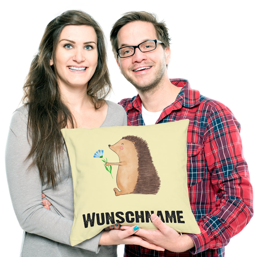 Personalisiertes Kissen Igel mit Blume Kissen, personalisiert, Name, Wunschname, bedrucken, Kopfkissen, süße Tiermotive, gute Laune, lustige Sprüche, Tiere, Igel, Gute Besserung, Genesungswünsche, Krankheit, Krankenhaus, krank, Besuch