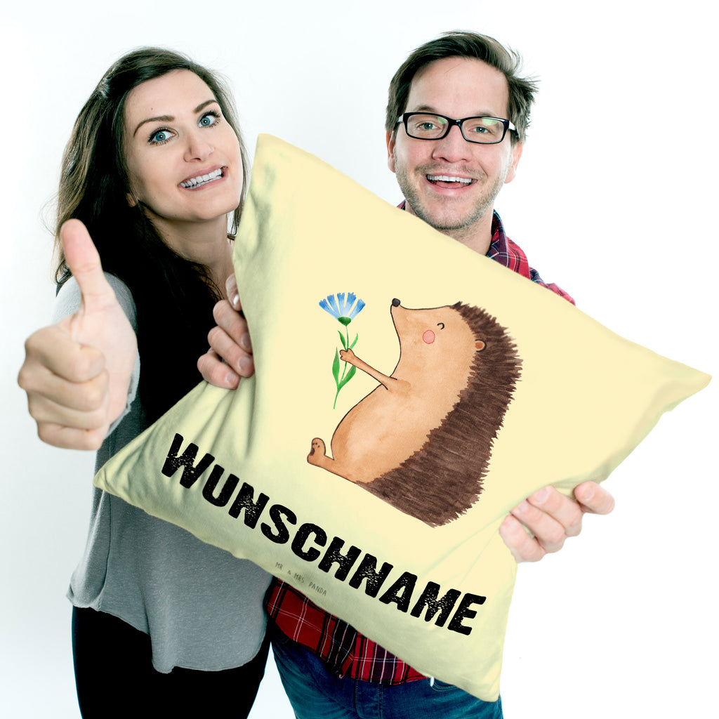 Personalisiertes Kissen Igel mit Blume Kissen, personalisiert, Name, Wunschname, bedrucken, Kopfkissen, süße Tiermotive, gute Laune, lustige Sprüche, Tiere, Igel, Gute Besserung, Genesungswünsche, Krankheit, Krankenhaus, krank, Besuch