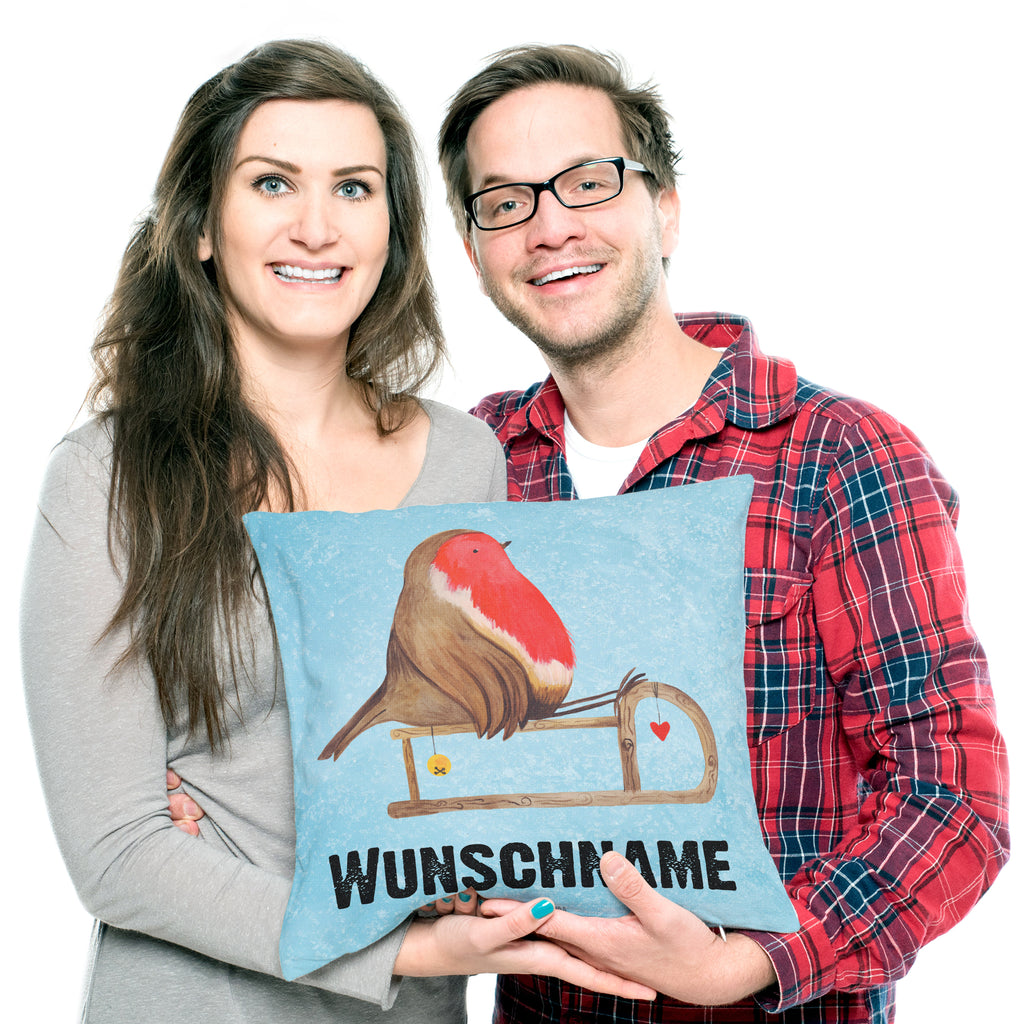 Personalisiertes Kissen Rotkehlchen Schlitten Kissen, personalisiert, Name, Wunschname, bedrucken, Kopfkissen, Winter, Weihnachten, Weihnachtsdeko, Nikolaus, Advent, Heiligabend, Wintermotiv, Schlitten, Vogel