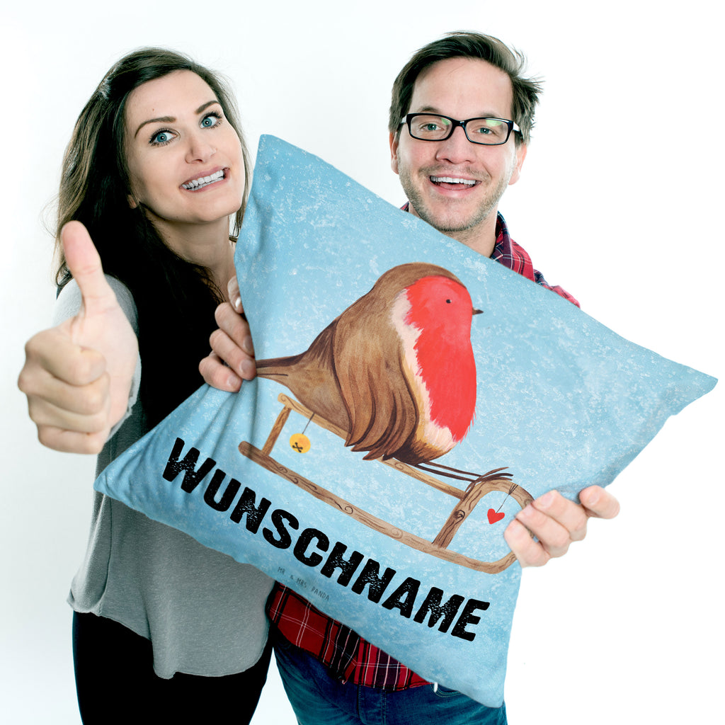 Personalisiertes Kissen Rotkehlchen Schlitten Kissen, personalisiert, Name, Wunschname, bedrucken, Kopfkissen, Winter, Weihnachten, Weihnachtsdeko, Nikolaus, Advent, Heiligabend, Wintermotiv, Schlitten, Vogel