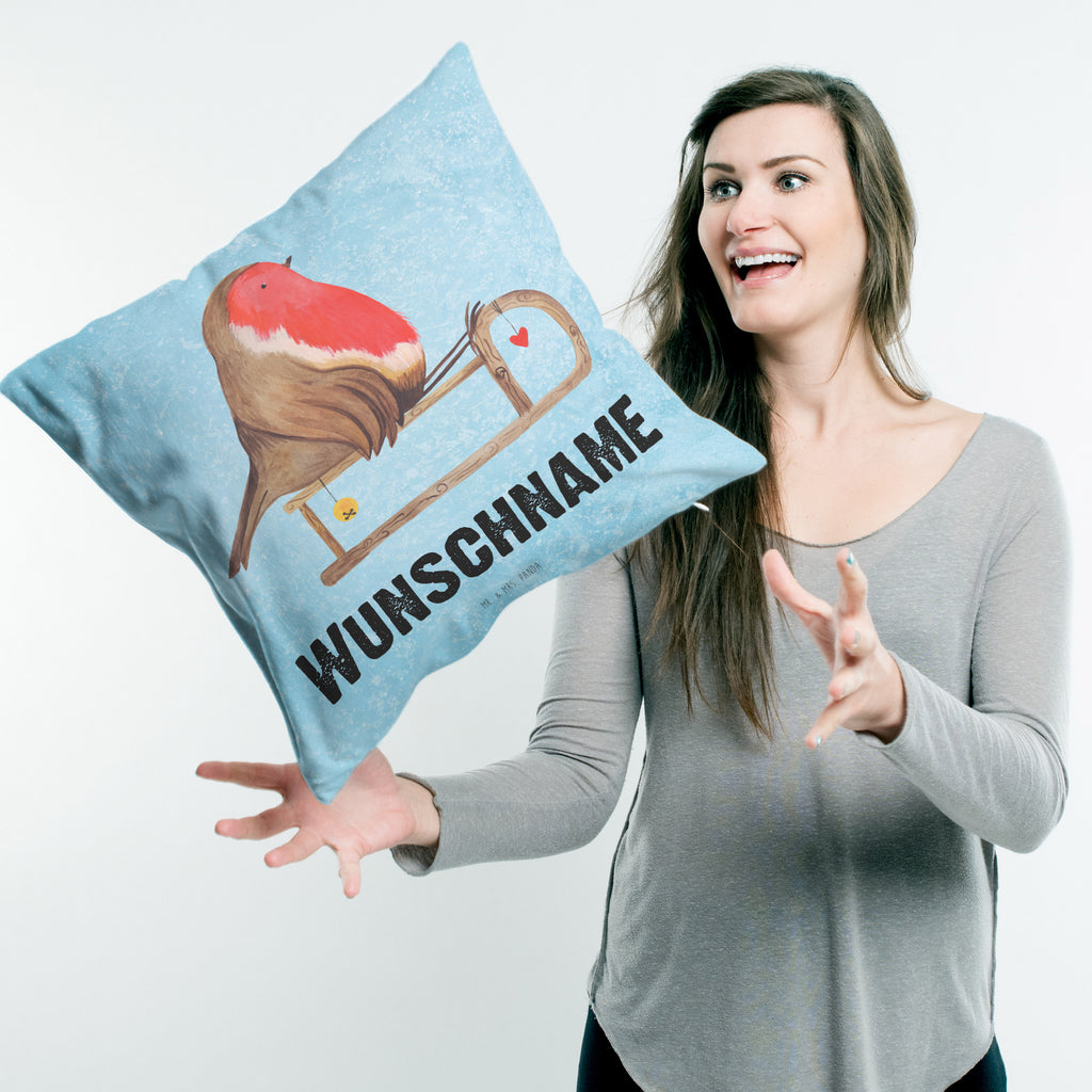 Personalisiertes Kissen Rotkehlchen Schlitten Kissen, personalisiert, Name, Wunschname, bedrucken, Kopfkissen, Winter, Weihnachten, Weihnachtsdeko, Nikolaus, Advent, Heiligabend, Wintermotiv, Schlitten, Vogel