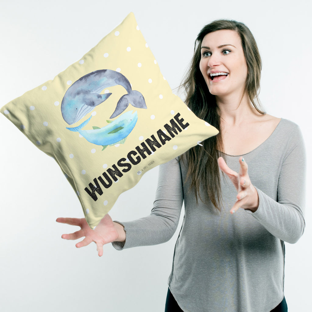 Personalisiertes Kissen Walfisch & Thunfisch Kissen, personalisiert, Name, Wunschname, bedrucken, Kopfkissen, süße Tiermotive, gute Laune, lustige Sprüche, Tiere, Wal, Wahl, Tunfisch, Wortwitz lustig, Spruch lustig, Flachwitz, Witz, Spruch des Tages, Flachwitz Geschenk