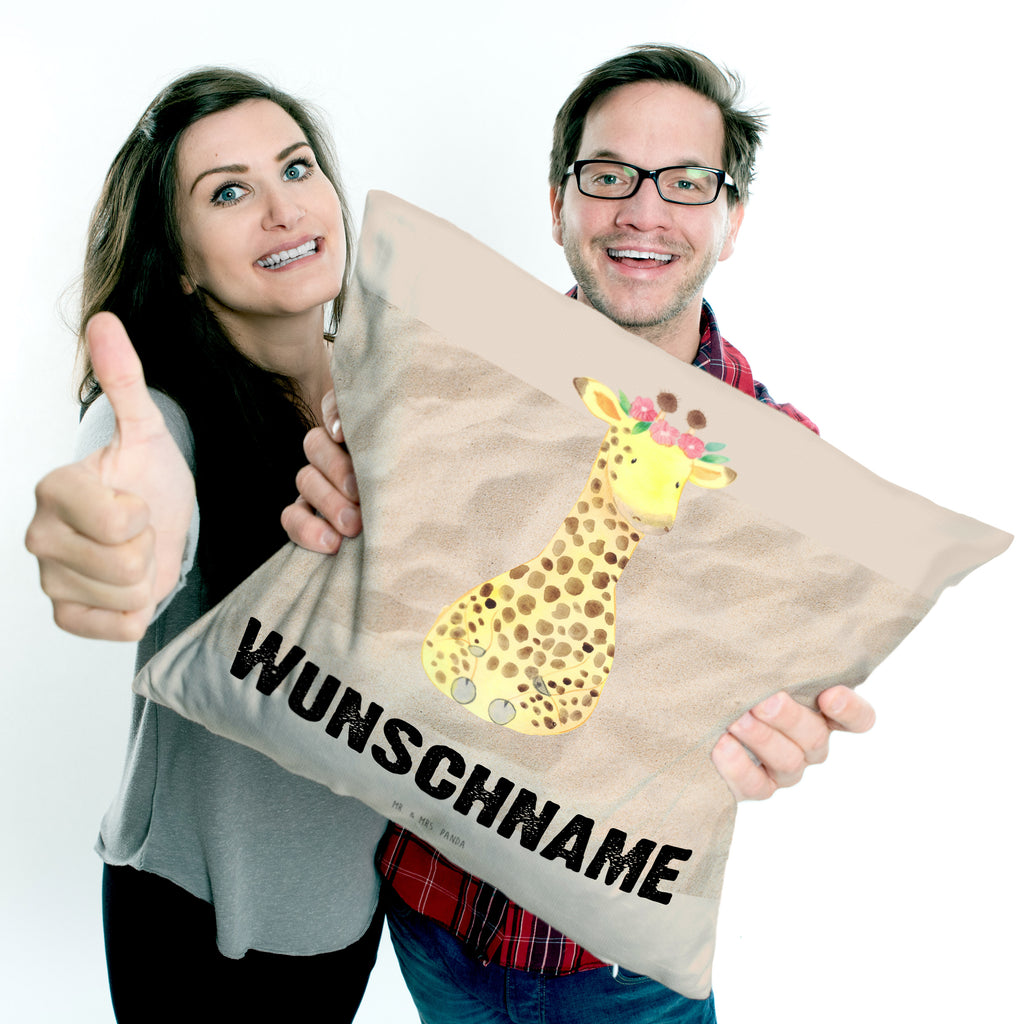 Personalisiertes Kissen Giraffe Blumenkranz Kissen, personalisiert, Name, Wunschname, bedrucken, Kopfkissen, Afrika, Wildtiere, Giraffe, Blumenkranz, Abenteurer, Selbstliebe, Freundin