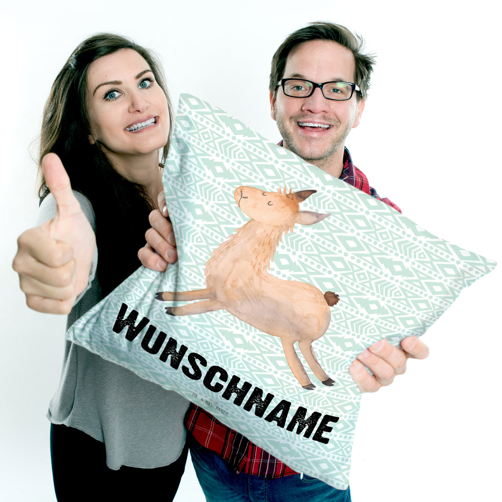 Personalisiertes Kissen Lama springend Kissen, personalisiert, Name, Wunschname, bedrucken, Kopfkissen, Lama, Alpaka, Lamas, Lieblingstag, Happy day, fröhlich, Glück, Freundin, Liebeskummer, Neustart, guten Morgen, Start, Prüfung, Abitur