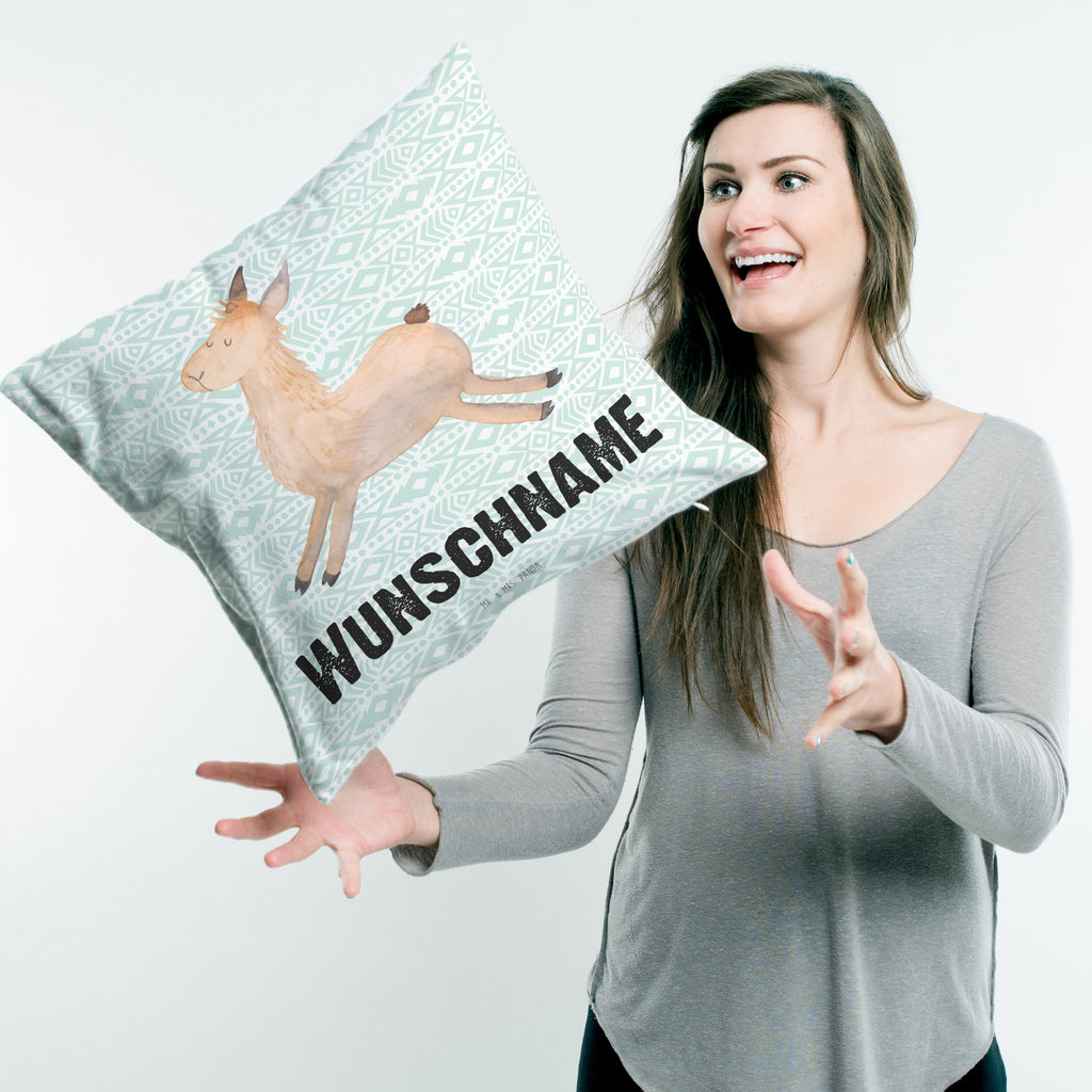 Personalisiertes Kissen Lama springend Kissen, personalisiert, Name, Wunschname, bedrucken, Kopfkissen, Lama, Alpaka, Lamas, Lieblingstag, Happy day, fröhlich, Glück, Freundin, Liebeskummer, Neustart, guten Morgen, Start, Prüfung, Abitur