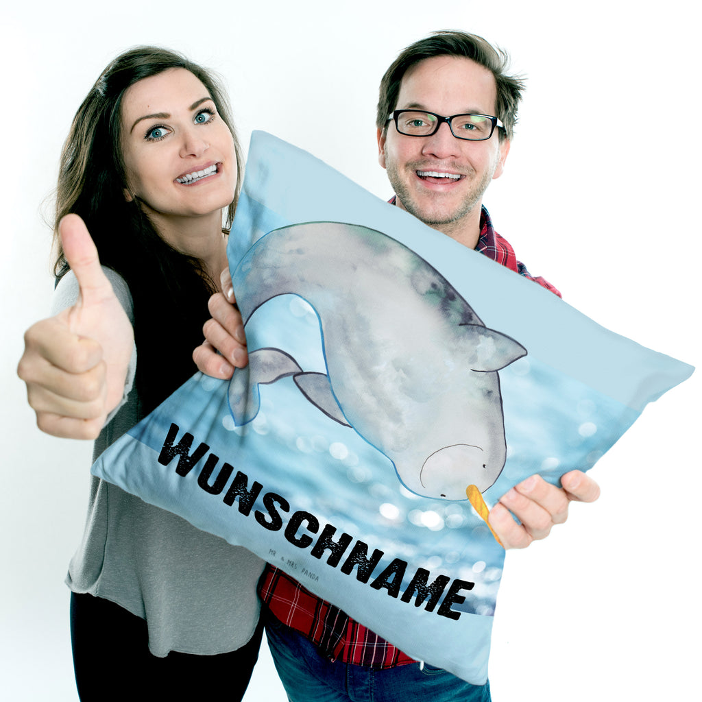 Personalisiertes Kissen Narwal Kissen, personalisiert, Name, Wunschname, bedrucken, Kopfkissen, Meerestiere, Meer, Urlaub, Narwal, Wal, Putzen, Hausfrau, Junggesellin, aufräumen, Kinderzimmer