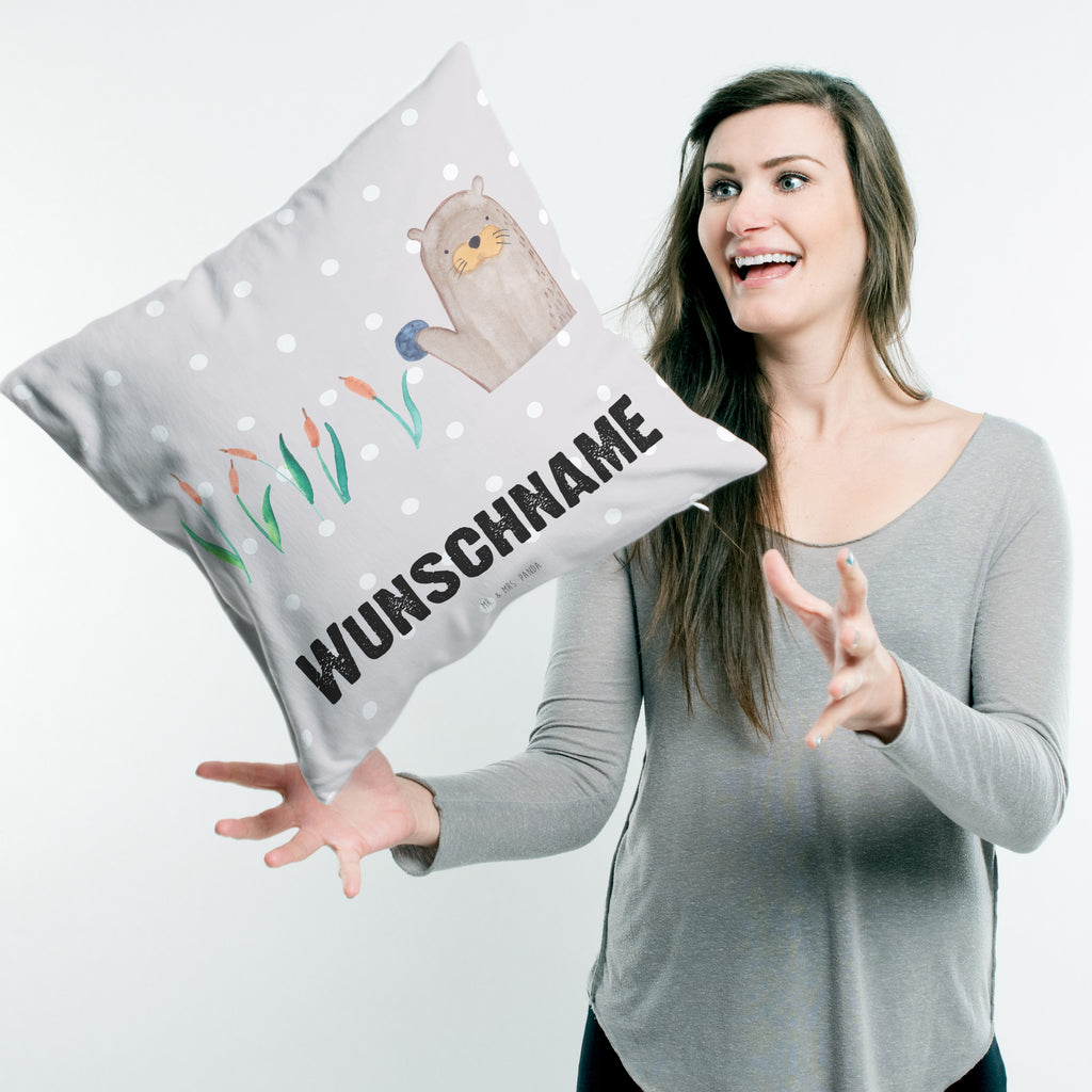 Personalisiertes Kissen Otter mit Stein Kissen, personalisiert, Name, Wunschname, bedrucken, Kopfkissen, Otter, Fischotter, Seeotter, Otter Seeotter See Otter