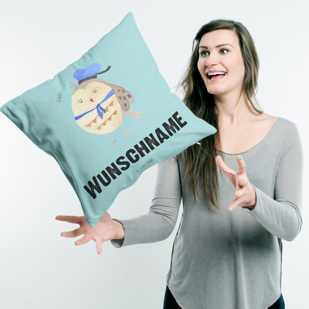 Personalisiertes Kissen Eule Matrosen Kissen, personalisiert, Name, Wunschname, bedrucken, Kopfkissen, Eule, Eule Spruch, Eule Deko, Owl, Wortspiel lustig, Matrose, Freundin, Ehe, Seefahrer, Heimathafen, Hochzeitstag Geschenk