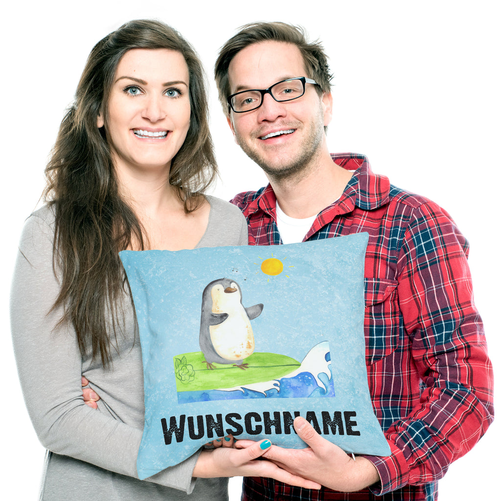 Personalisiertes Kissen Pinguin Surfer Kissen, personalisiert, Name, Wunschname, bedrucken, Kopfkissen, Pinguin, Pinguine, surfen, Surfer, Hawaii, Urlaub, Wellen, Wellen reiten, Portugal