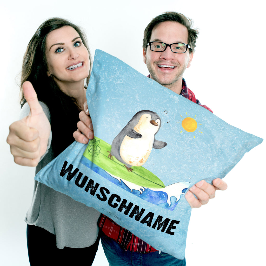 Personalisiertes Kissen Pinguin Surfer Kissen, personalisiert, Name, Wunschname, bedrucken, Kopfkissen, Pinguin, Pinguine, surfen, Surfer, Hawaii, Urlaub, Wellen, Wellen reiten, Portugal