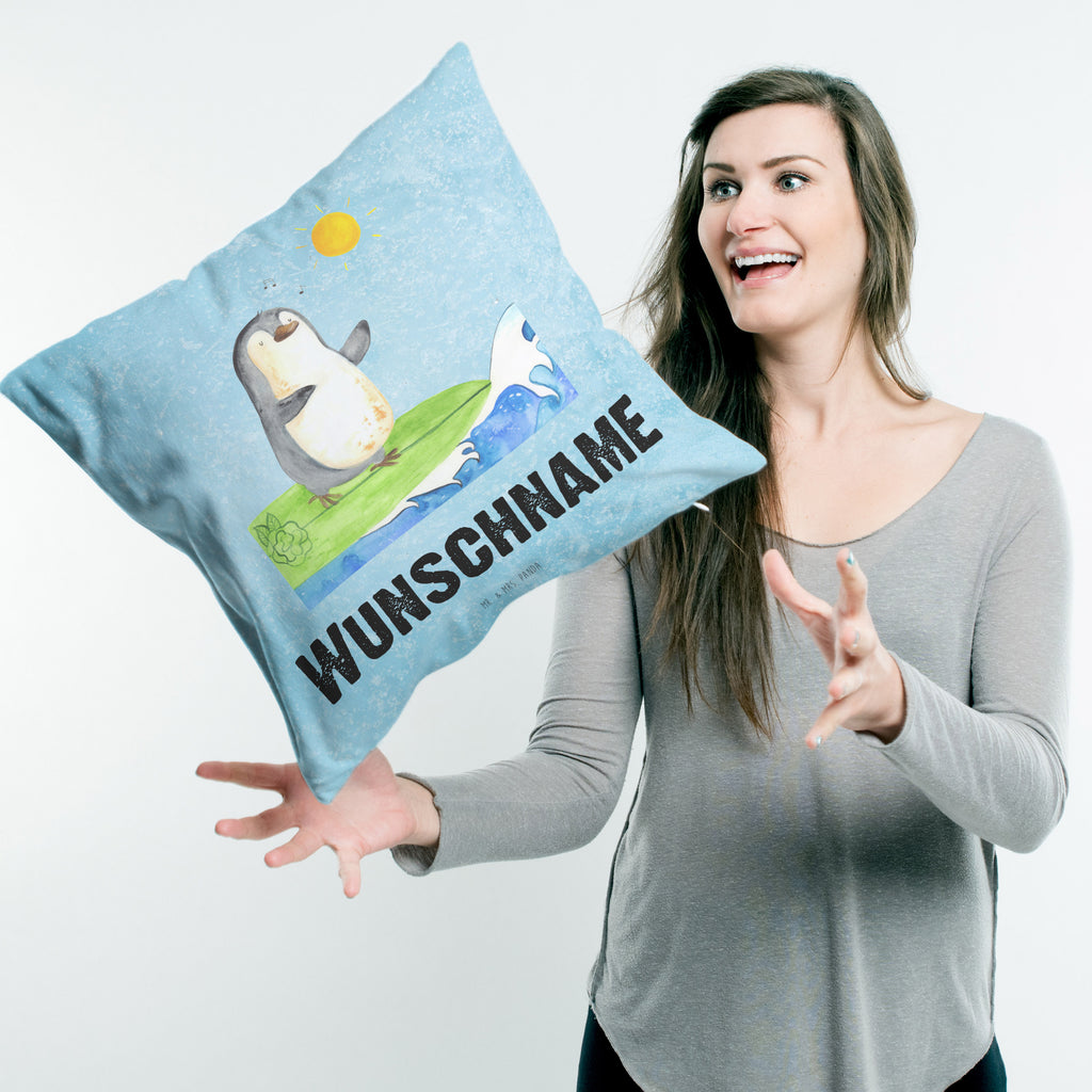 Personalisiertes Kissen Pinguin Surfer Kissen, personalisiert, Name, Wunschname, bedrucken, Kopfkissen, Pinguin, Pinguine, surfen, Surfer, Hawaii, Urlaub, Wellen, Wellen reiten, Portugal