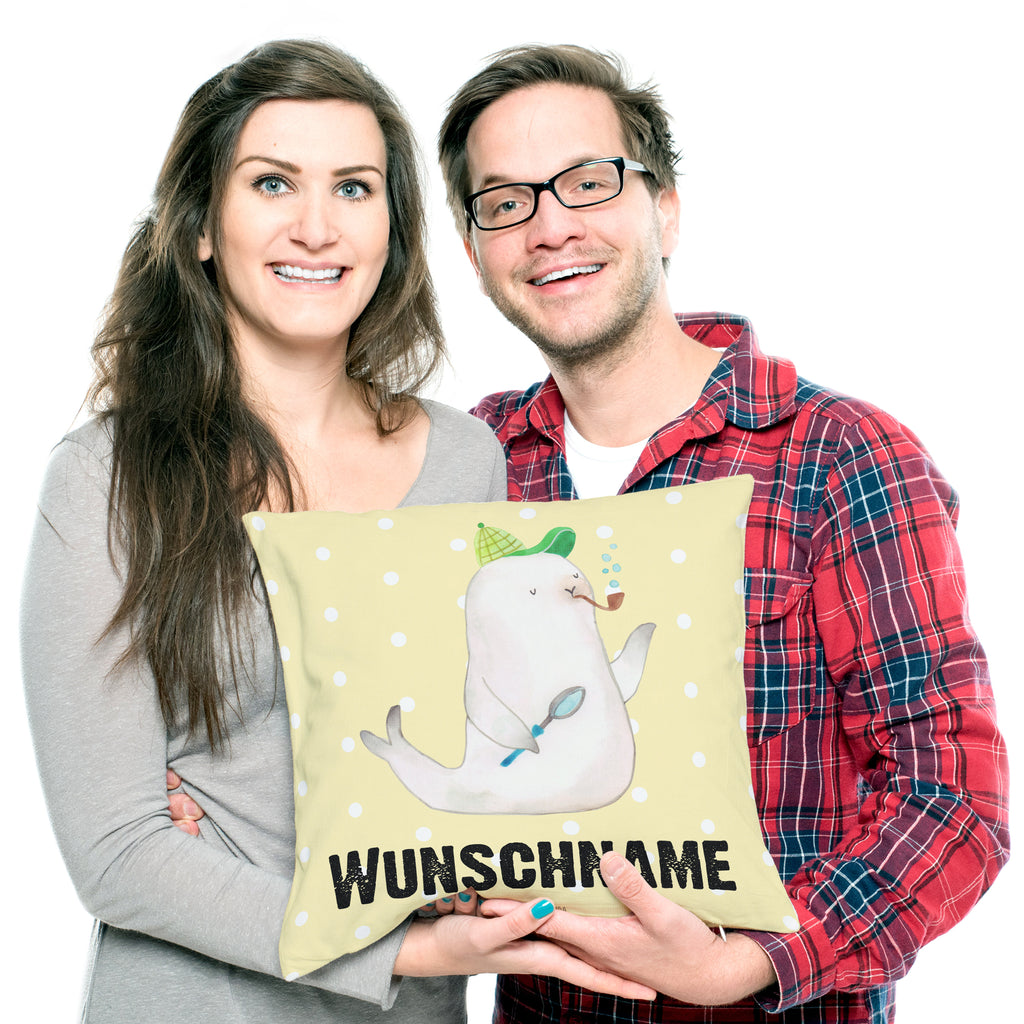 Personalisiertes Kissen Robbe Sherlock Kissen, personalisiert, Name, Wunschname, bedrucken, Kopfkissen, süße Tiermotive, gute Laune, lustige Sprüche, Tiere