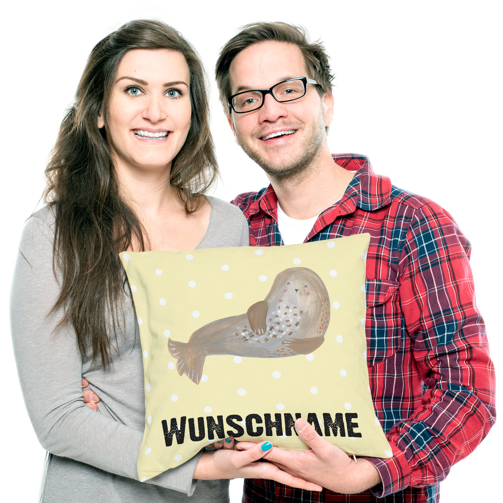 Personalisiertes Kissen Robbe lachend Kissen, personalisiert, Name, Wunschname, bedrucken, Kopfkissen, Tiermotive, Gute Laune, lustige Sprüche, Tiere, Robbe, Robben, Seehund, Strand, Meerestier, Ostsee, Nordsee
