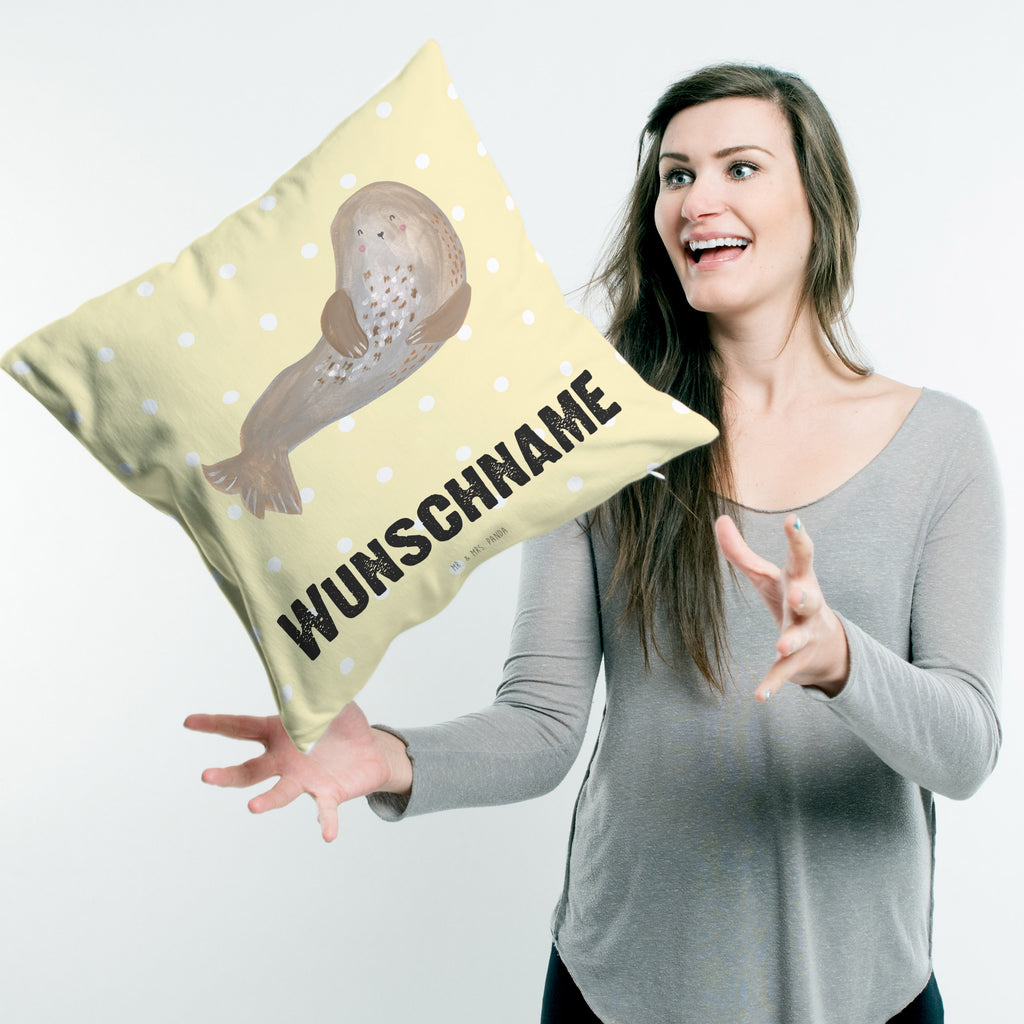Personalisiertes Kissen Robbe lachend Kissen, personalisiert, Name, Wunschname, bedrucken, Kopfkissen, Tiermotive, Gute Laune, lustige Sprüche, Tiere, Robbe, Robben, Seehund, Strand, Meerestier, Ostsee, Nordsee