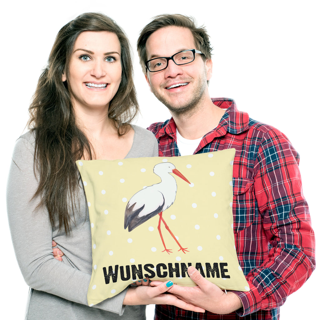 Personalisiertes Kissen Storch Kissen, personalisiert, Name, Wunschname, bedrucken, Kopfkissen, süße Tiermotive, gute Laune, lustige Sprüche, Tiere, Storch, Störche, Schwangerschaft, Geburt, Mutter, Mütter, Mutter werden, Schwanger, Babybauch, Baby