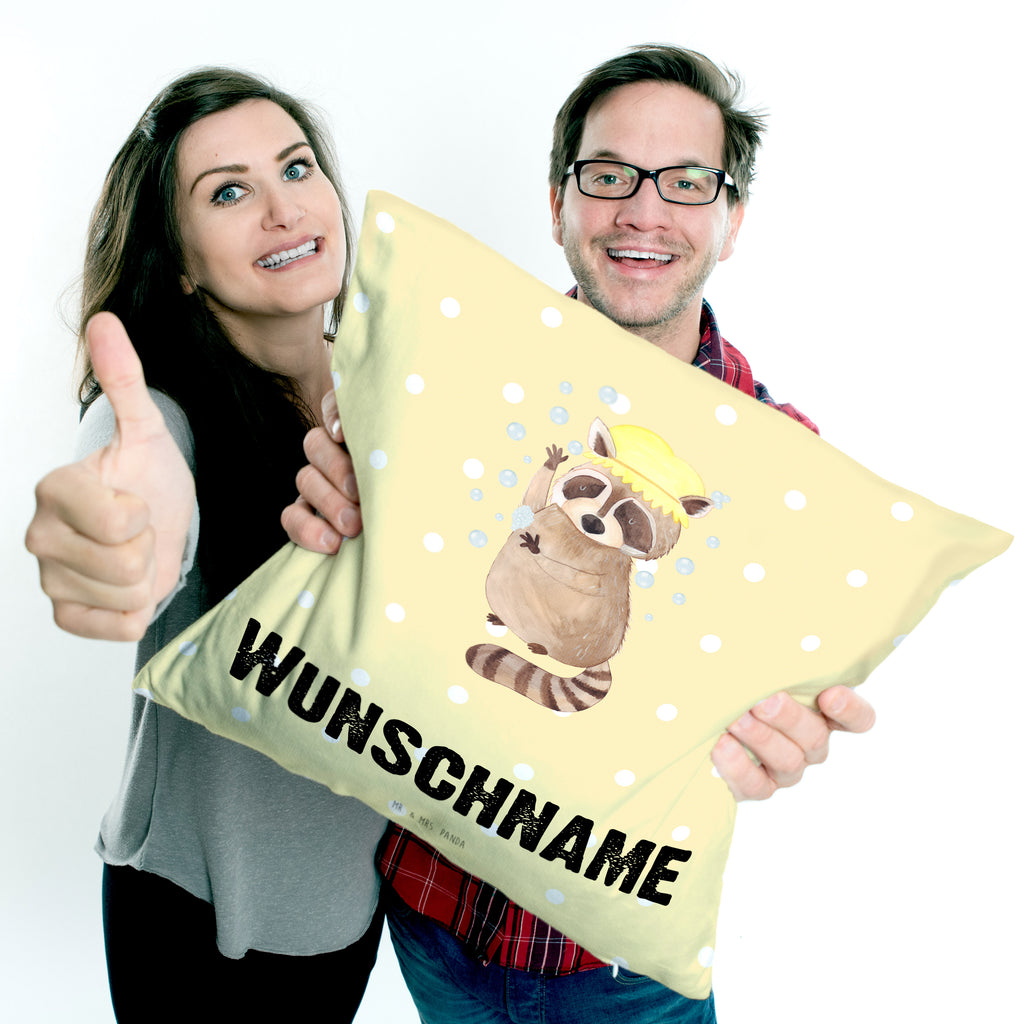 Personalisiertes Kissen Waschbär Kissen, personalisiert, Name, Wunschname, bedrucken, Kopfkissen, Tiermotive, Gute Laune, lustige Sprüche, Tiere, Waschbär, Tagträumen, Plan, Fröhlich, waschen, Seifenblasen