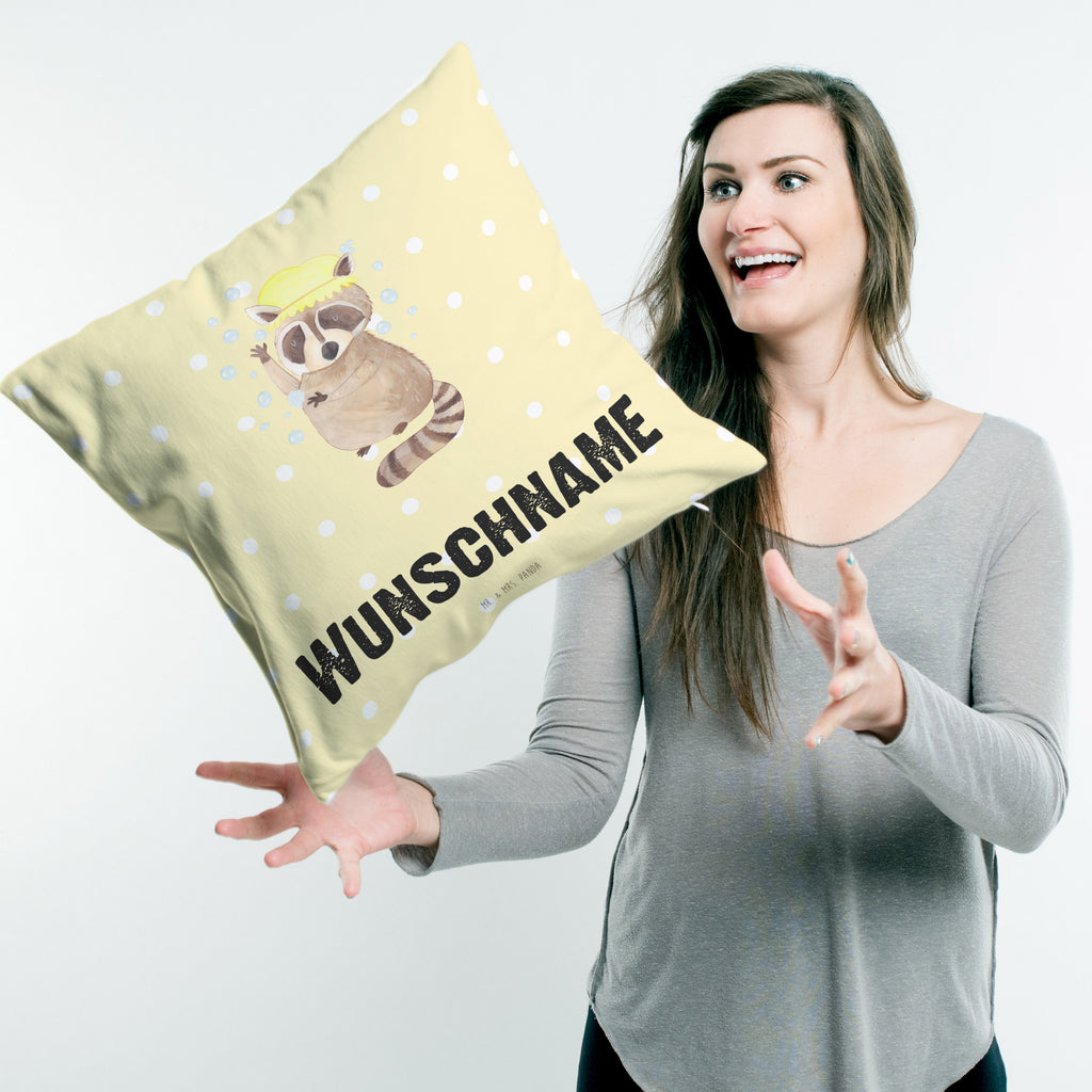 Personalisiertes Kissen Waschbär Kissen, personalisiert, Name, Wunschname, bedrucken, Kopfkissen, Tiermotive, Gute Laune, lustige Sprüche, Tiere, Waschbär, Tagträumen, Plan, Fröhlich, waschen, Seifenblasen