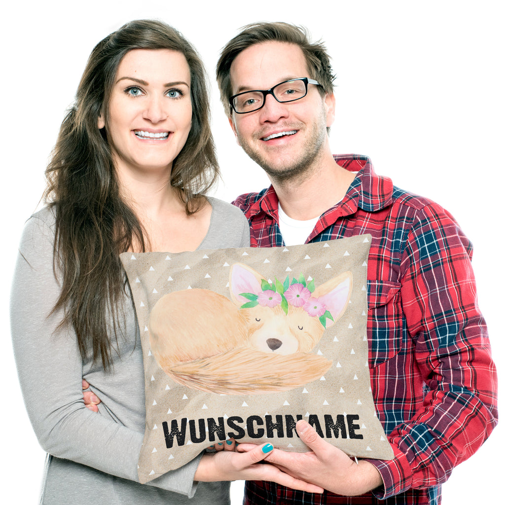 Personalisiertes Kissen Wüstenfuchs Blumenkranz Kissen, personalisiert, Name, Wunschname, bedrucken, Kopfkissen, Afrika, Wildtiere, Wüste, Wüstenfuchs, Blumen, Blumenkranz, Glücklich