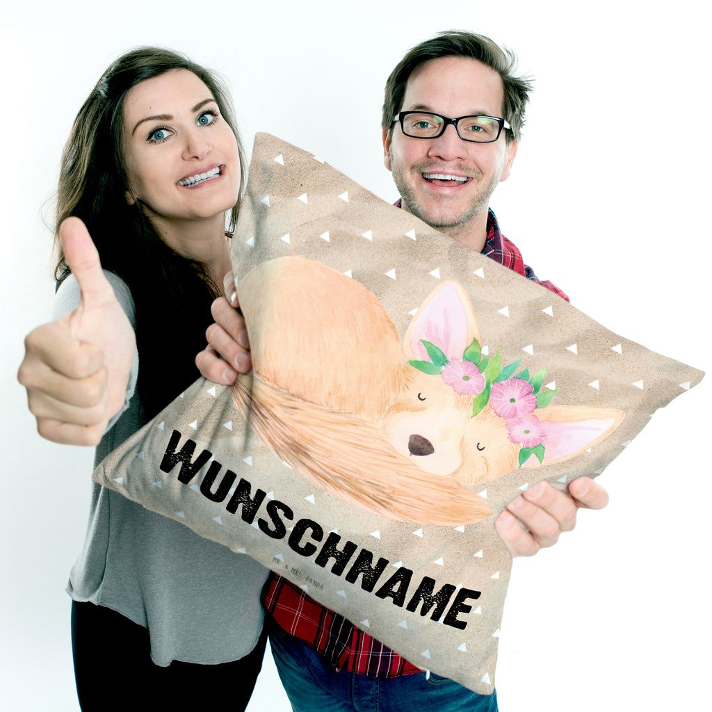 Personalisiertes Kissen Wüstenfuchs Blumenkranz Kissen, personalisiert, Name, Wunschname, bedrucken, Kopfkissen, Afrika, Wildtiere, Wüste, Wüstenfuchs, Blumen, Blumenkranz, Glücklich