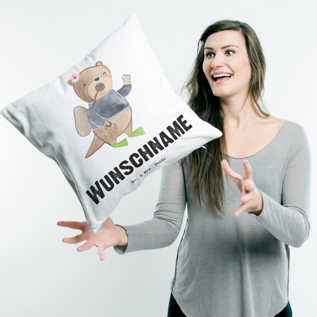 Personalisiertes Kissen Tauchlehrerin mit Herz Kissen, personalisiert, Name, Wunschname, bedrucken, Kopfkissen, Beruf, Ausbildung, Jubiläum, Abschied, Rente, Kollege, Kollegin, Geschenk, Schenken, Arbeitskollege, Mitarbeiter, Firma, Danke, Dankeschön