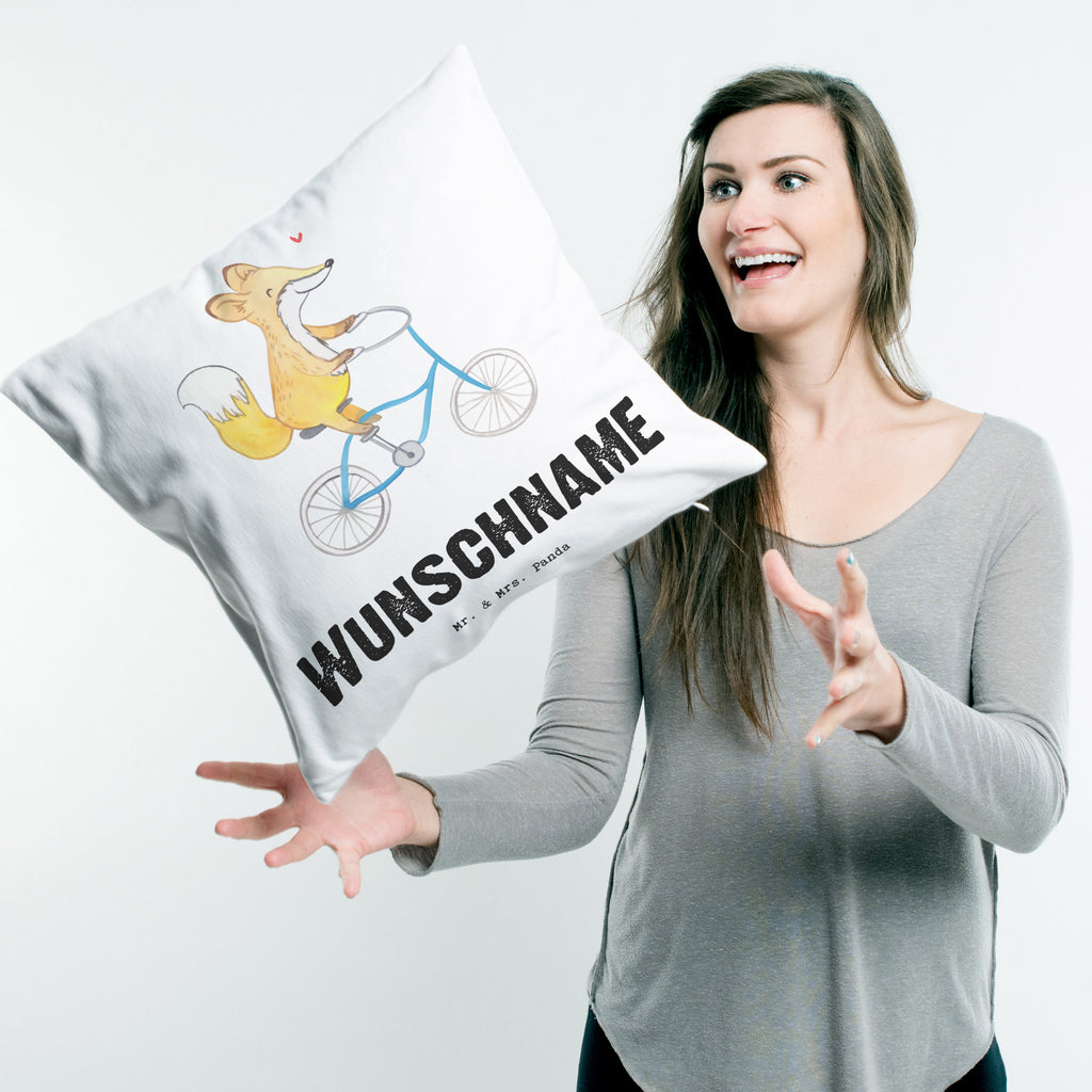 Personalisiertes Kissen Fuchs Fahrrad fahren Tage Kissen, personalisiert, Name, Wunschname, bedrucken, Kopfkissen, Geschenk, Sport, Sportart, Hobby, Schenken, Danke, Dankeschön, Auszeichnung, Gewinn, Sportler, Fahrrad fahren, Radeln, Trekking, Mountainbiking, Radsport