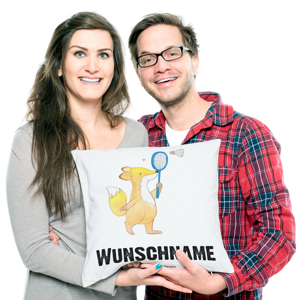 Personalisiertes Kissen Fuchs Federball spielen Tage Kissen, personalisiert, Name, Wunschname, bedrucken, Kopfkissen, Geschenk, Sport, Sportart, Hobby, Schenken, Danke, Dankeschön, Auszeichnung, Gewinn, Sportler, Federball spielen, Badminton