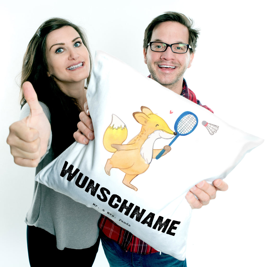 Personalisiertes Kissen Fuchs Federball spielen Tage Kissen, personalisiert, Name, Wunschname, bedrucken, Kopfkissen, Geschenk, Sport, Sportart, Hobby, Schenken, Danke, Dankeschön, Auszeichnung, Gewinn, Sportler, Federball spielen, Badminton