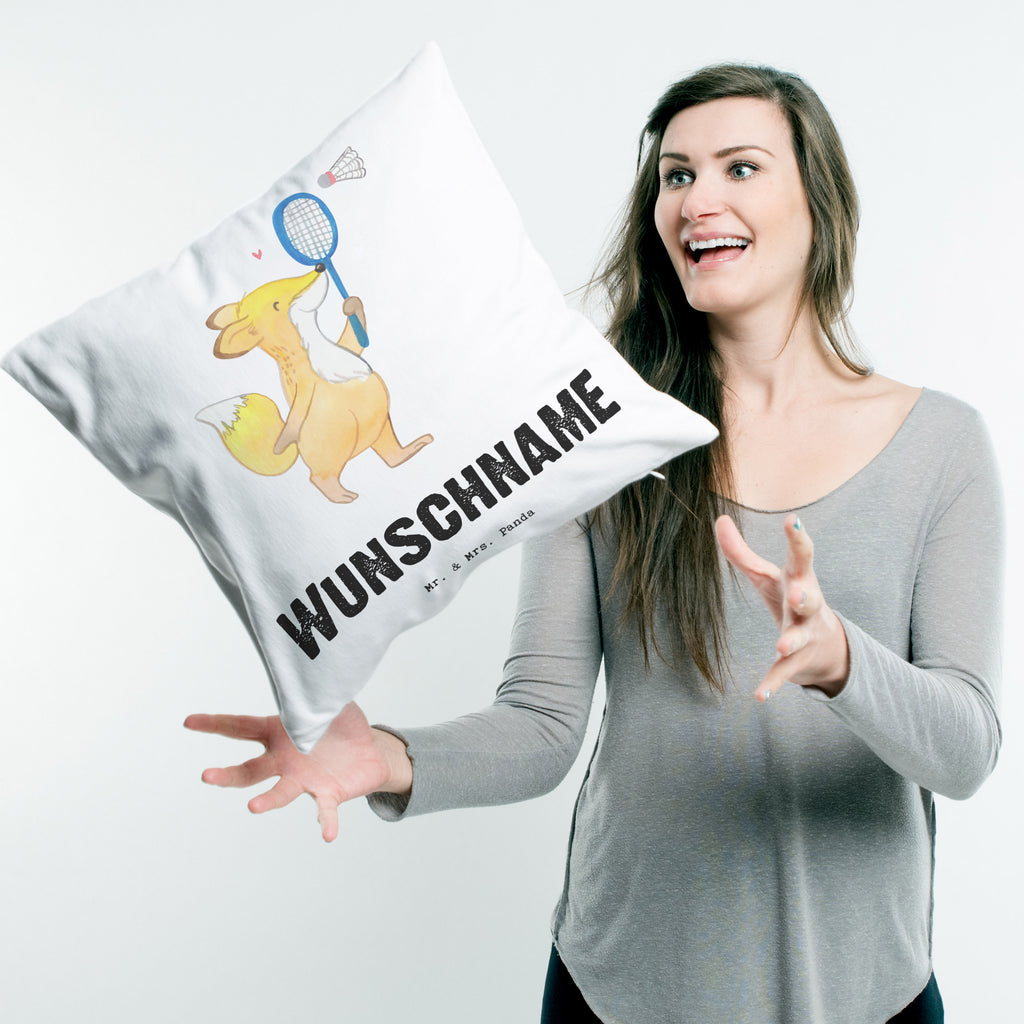 Personalisiertes Kissen Fuchs Federball spielen Tage Kissen, personalisiert, Name, Wunschname, bedrucken, Kopfkissen, Geschenk, Sport, Sportart, Hobby, Schenken, Danke, Dankeschön, Auszeichnung, Gewinn, Sportler, Federball spielen, Badminton