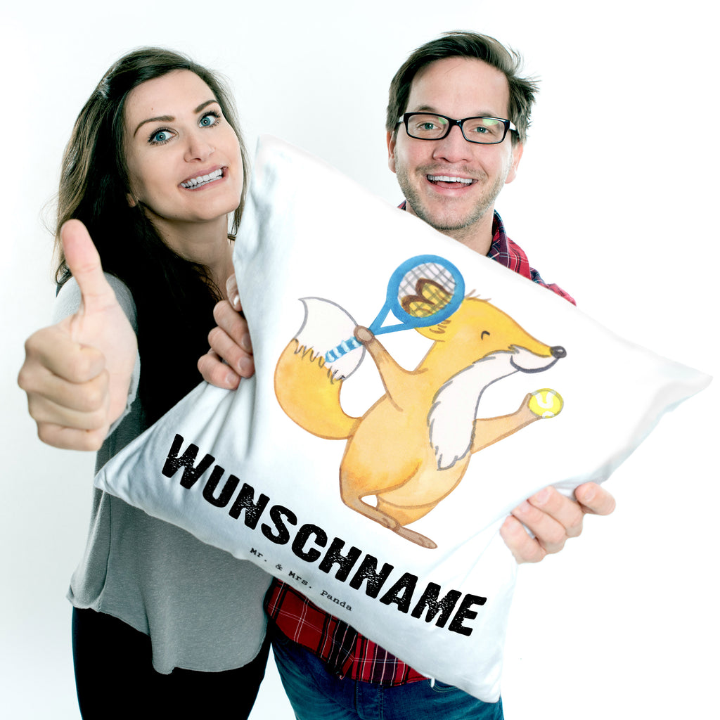 Personalisiertes Kissen Fuchs Tennis spielen Tage Kissen, personalisiert, Name, Wunschname, bedrucken, Kopfkissen, Geschenk, Sport, Sportart, Hobby, Schenken, Danke, Dankeschön, Auszeichnung, Gewinn, Sportler, Tennis spielen, Tennisclub, Tennisverein, Tennis Turnier, Ballsportart