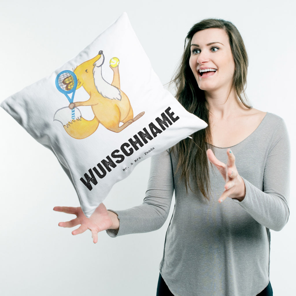 Personalisiertes Kissen Fuchs Tennis spielen Tage Kissen, personalisiert, Name, Wunschname, bedrucken, Kopfkissen, Geschenk, Sport, Sportart, Hobby, Schenken, Danke, Dankeschön, Auszeichnung, Gewinn, Sportler, Tennis spielen, Tennisclub, Tennisverein, Tennis Turnier, Ballsportart