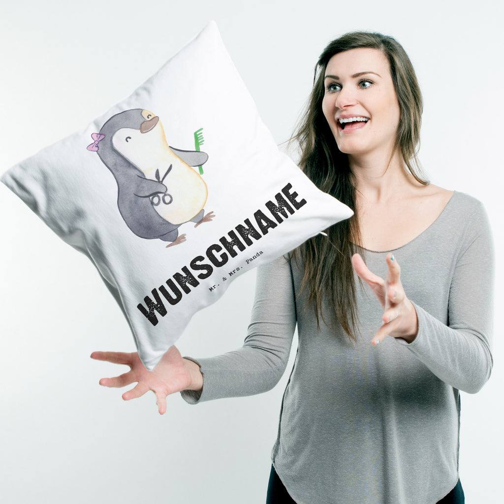 Personalisiertes Kissen Friseurin mit Herz Kissen, personalisiert, Name, Wunschname, bedrucken, Kopfkissen, Beruf, Ausbildung, Jubiläum, Abschied, Rente, Kollege, Kollegin, Geschenk, Schenken, Arbeitskollege, Mitarbeiter, Firma, Danke, Dankeschön, Frisörin, Haarstylistin, Frisörbesuch, Friseursalon, Eröffnung Friseur
