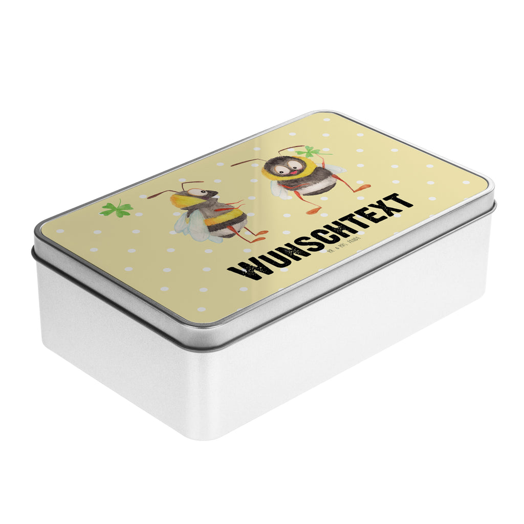 Personalisierte Metalldose Hummeln mit Kleeblatt Personalisierte Metalldose, Dose mit Namen, Namensdose, Kiste mit Namen, Namenskiste, süße Tiermotive, gute Laune, lustige Sprüche, Tiere, Hummel, Biene, Spruch positiv, Biene Deko, Spruch schön, glücklich sein, glücklich werden, Spruch fröhlich
