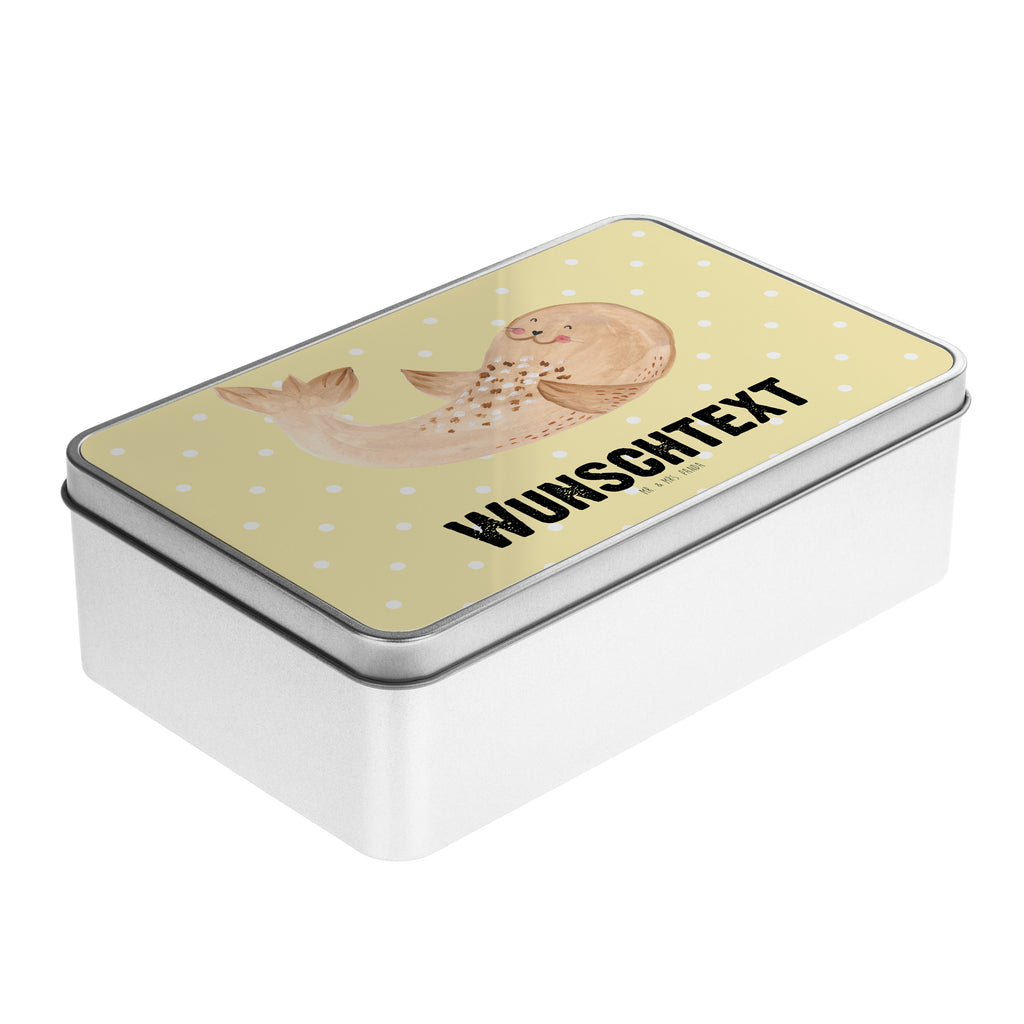 Personalisierte Metalldose Robbe liegend Personalisierte Metalldose, Dose mit Namen, Namensdose, Kiste mit Namen, Namenskiste, süße Tiermotive, gute Laune, lustige Sprüche, Tiere, Robbe, Robben, Seehund, Strand, Meerestier, Ostsee, Nordsee, Lachen, Freude