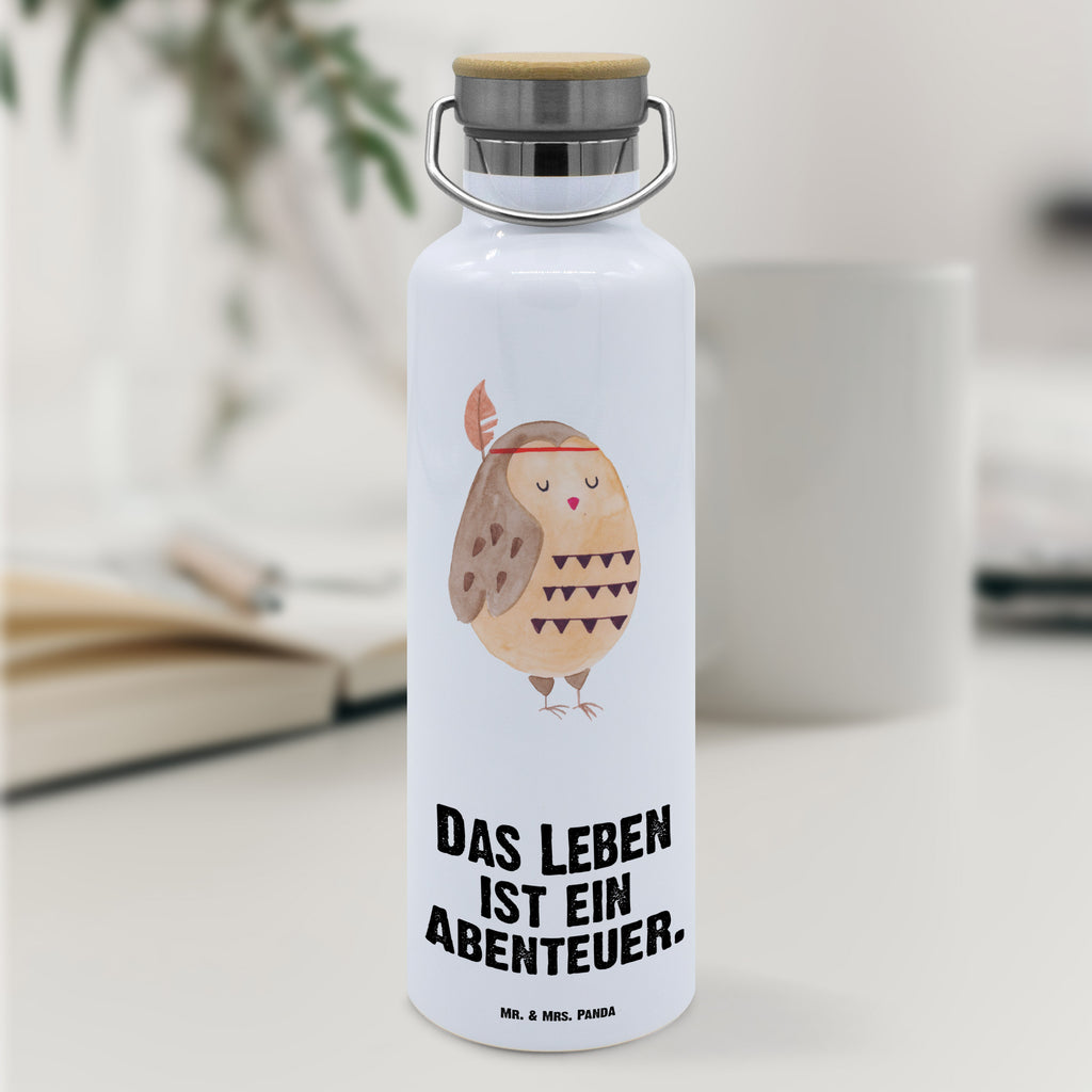 Trinkflasche Eule Federschmuck Thermosflasche, Isolierflasche, Edelstahl, Trinkflasche, 0, 75 l, isoliert, Wamrhaltefunktion, Sportflasch, Flasche zum Sport, Sportlerflasche, Eule, Eule Deko, Owl, Das Leben ist ein Abenteuer, Reisespruch, Federschmuck, Dekoration