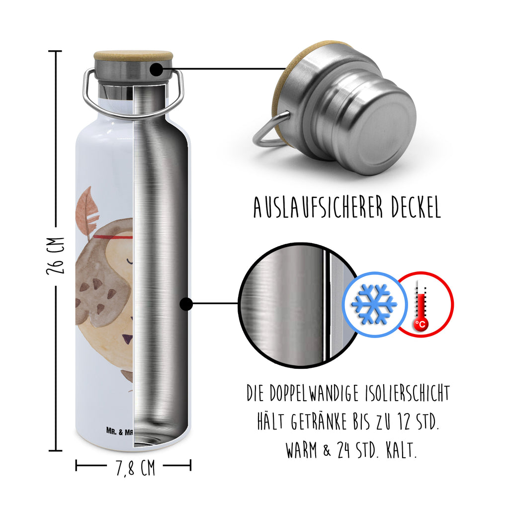 Trinkflasche Eule Federschmuck Thermosflasche, Isolierflasche, Edelstahl, Trinkflasche, 0, 75 l, isoliert, Wamrhaltefunktion, Sportflasch, Flasche zum Sport, Sportlerflasche, Eule, Eule Deko, Owl, Das Leben ist ein Abenteuer, Reisespruch, Federschmuck, Dekoration