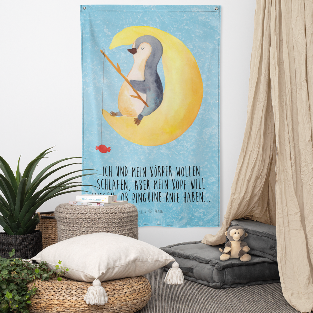 Wandteppich Pinguin Mond Pinguin, Pinguine, Spruch, schlafen, Nachtruhe, Einschlafen, Schlafzimmer, Schlafstörungen, Gästezimmer,	 Wandbehang, Dekoration, Boho, Wandteppich, Wandtuch, Wanddeko, Tapisserie, Tapestry  Pinguin