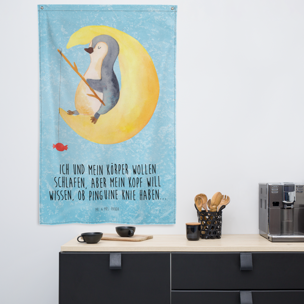 Wandteppich Pinguin Mond Pinguin, Pinguine, Spruch, schlafen, Nachtruhe, Einschlafen, Schlafzimmer, Schlafstörungen, Gästezimmer,	 Wandbehang, Dekoration, Boho, Wandteppich, Wandtuch, Wanddeko, Tapisserie, Tapestry  Pinguin