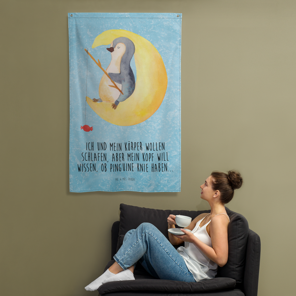 Wandteppich Pinguin Mond Pinguin, Pinguine, Spruch, schlafen, Nachtruhe, Einschlafen, Schlafzimmer, Schlafstörungen, Gästezimmer,	 Wandbehang, Dekoration, Boho, Wandteppich, Wandtuch, Wanddeko, Tapisserie, Tapestry  Pinguin