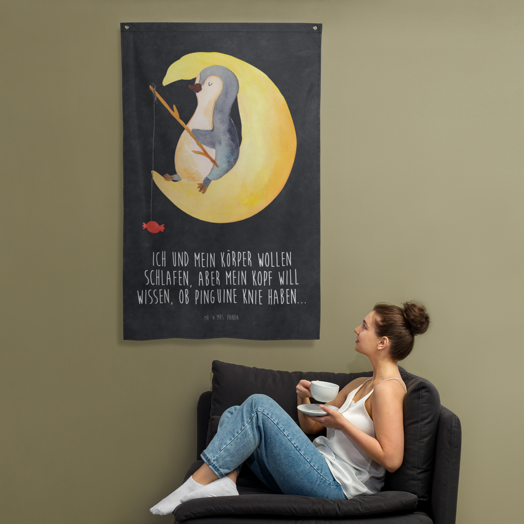 Wandteppich Pinguin Mond Pinguin, Pinguine, Spruch, schlafen, Nachtruhe, Einschlafen, Schlafzimmer, Schlafstörungen, Gästezimmer,	 Wandbehang, Dekoration, Boho, Wandteppich, Wandtuch, Wanddeko, Tapisserie, Tapestry  Pinguin