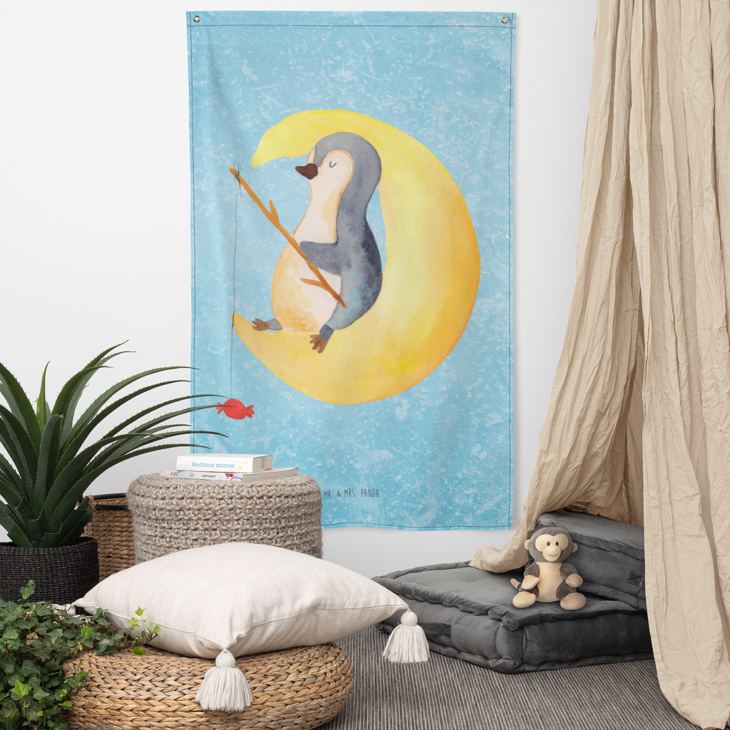 Wandteppich Pinguin Mond Pinguin, Pinguine, Spruch, schlafen, Nachtruhe, Einschlafen, Schlafzimmer, Schlafstörungen, Gästezimmer,	 Wandbehang, Dekoration, Boho, Wandteppich, Wandtuch, Wanddeko, Tapisserie, Tapestry  Pinguin
