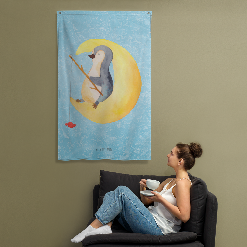 Wandteppich Pinguin Mond Pinguin, Pinguine, Spruch, schlafen, Nachtruhe, Einschlafen, Schlafzimmer, Schlafstörungen, Gästezimmer,	 Wandbehang, Dekoration, Boho, Wandteppich, Wandtuch, Wanddeko, Tapisserie, Tapestry  Pinguin