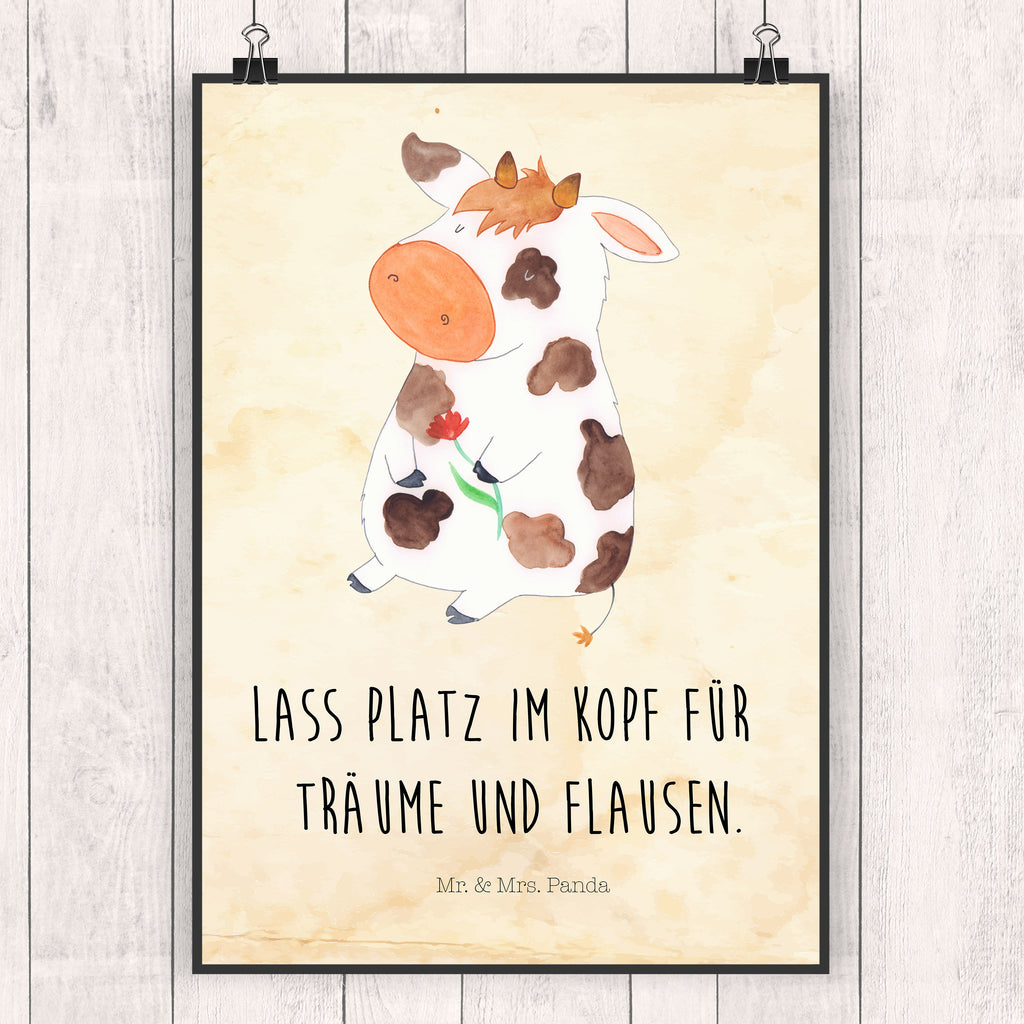 Poster Kuh Kuh, Kühe, Träume, Flausen, Spruch, Magie, Motivtion, Bauernhof, Hof, Milch, Milchkuh	 Poster, Wandposter, Bild, Wanddeko, Küchenposter, Kinderposter, Wanddeko Bild, Raumdekoration, Wanddekoration, Handgemaltes Poster, Mr. & Mrs. Panda Poster, Designposter, Kunstdruck, Posterdruck  Bauernhof, Hoftiere, Landwirt, Landwirtin
